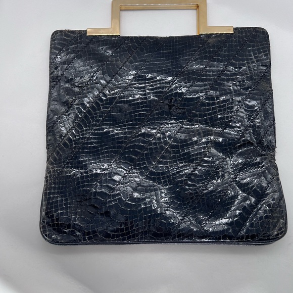 VINTAGE 1980s Black Snakeskin envelope clutch with gold plated handles